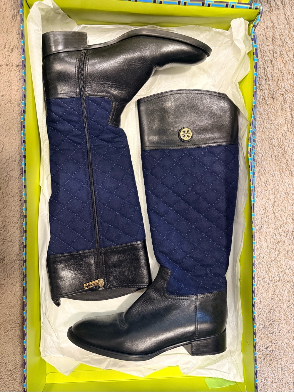 Tory Burch Navy Quilted & Black Leather Over-the-Knee Boots